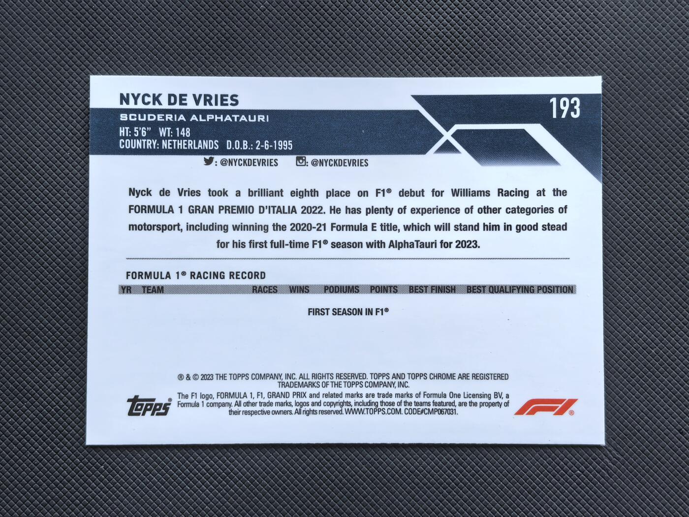 【博洋堂】卡牌拍卖专场第002期 2023 Topps Chrome F1 赛车卡 德弗里斯 小红牛车队 RC 新秀年 定妆照 124/150编青折