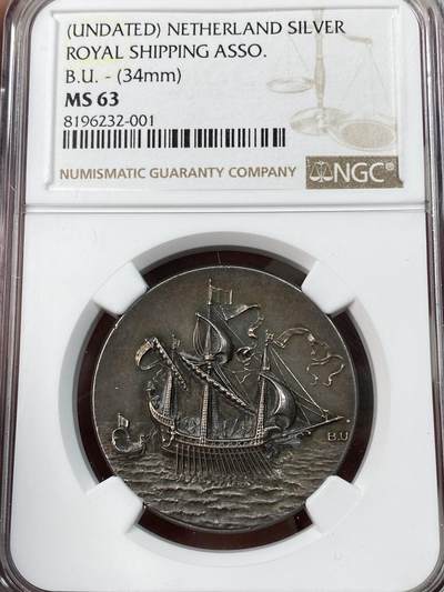 万国钱币拍卖第050期（万国五十期纪念大拍） - NGC MS63 1937年荷兰王国医疗用品协会三帆帆船纪念银章 34MM 19.48G 原味深五彩 荷兰帆船刻画极其精细 