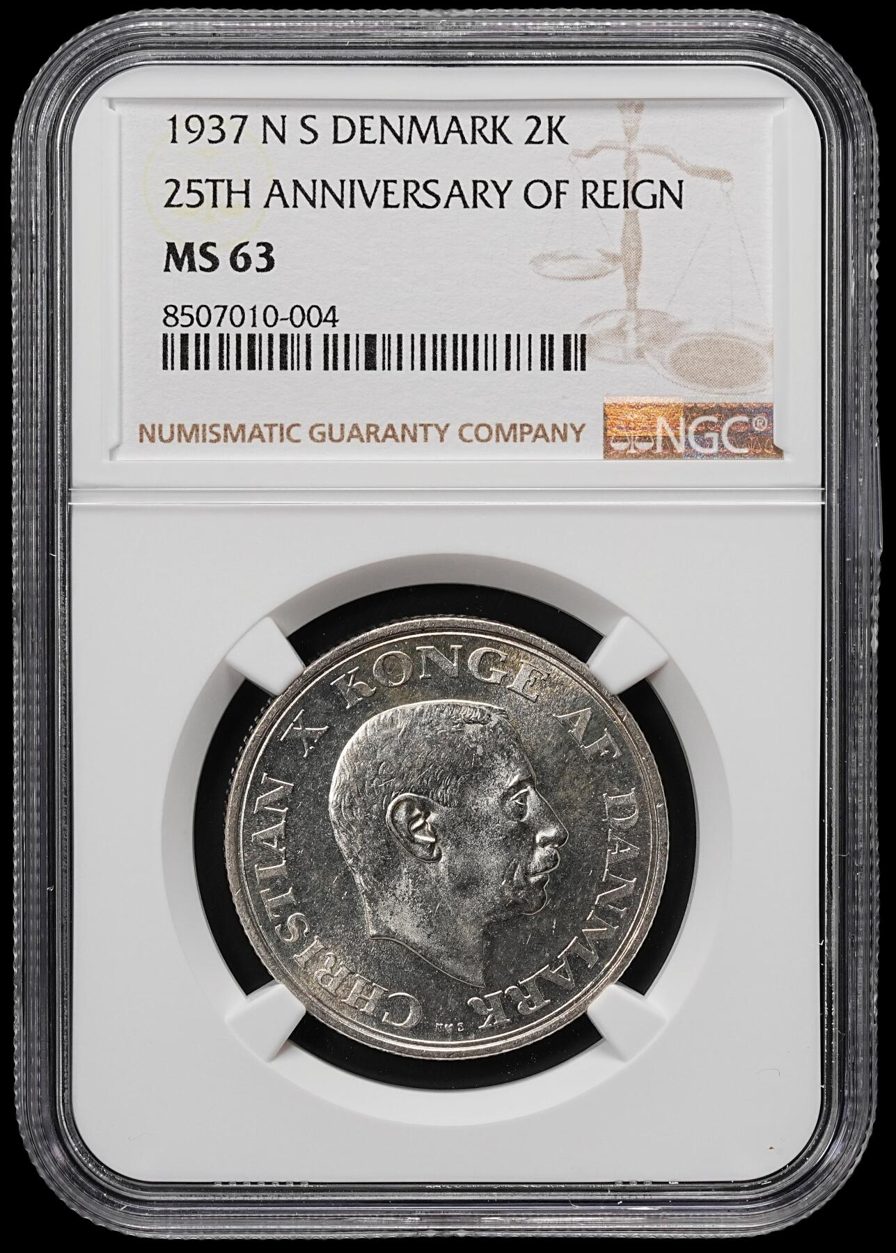 修遠堂世界钱币第七十九期 NGC MS63 1937年丹麦国王登基25周年纪念2克朗银币