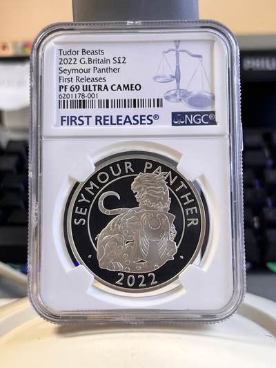 第169期拍卖【长期征集拍品】 - 英国2022年都铎王朝神兽西摩豹1盎司精制纪念银币NGC-PF69首原盒证书，999银，发行量7010枚