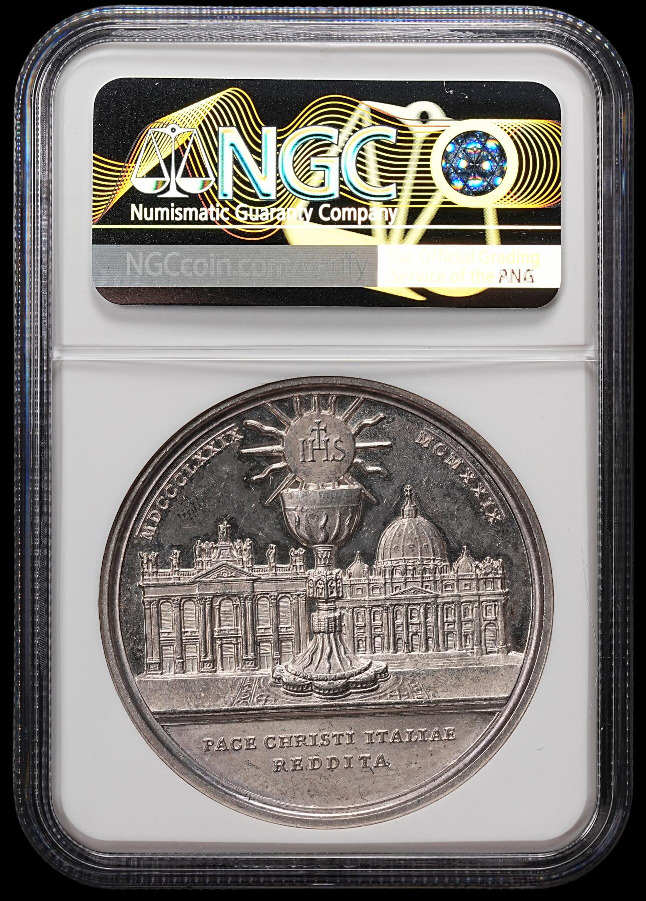 修遠堂世界钱币第七十九期 NGC MS61 1929年梵蒂冈高浮雕大银章