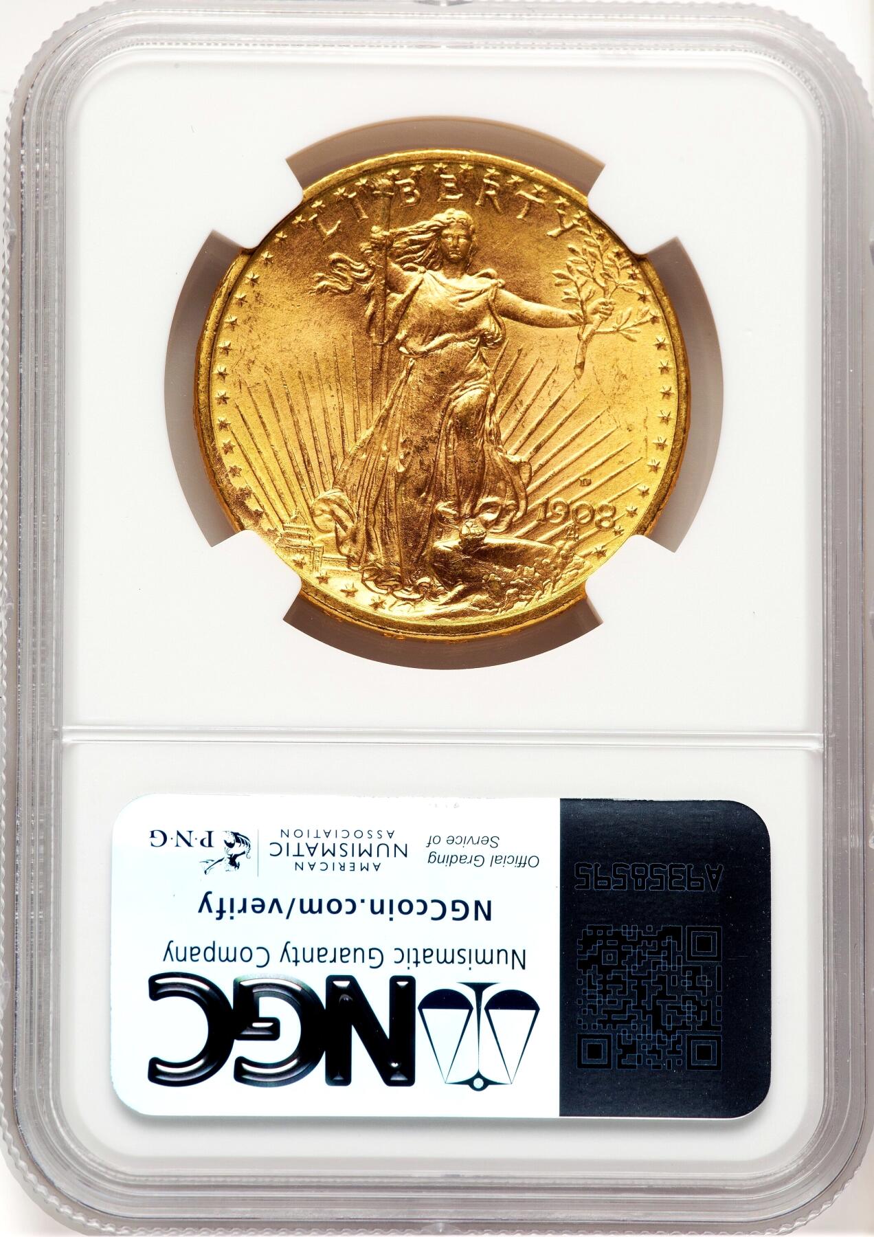 【Blue Auction】世界纸币精拍第704期——18级TOP拍卖/信誉/品质/专业/高效💫   【错版币罕见 少见丹佛造币厂 季军分 仅12枚更高分】美国 1908-D首年 20美金 行走自由女神双鹰金币 重33.44克 光度感人 转光金光四射 细节清晰 底板丝滑 NGC MS65 （该版本当时铸造量仅为349,500枚 而大部分留存下来的金币处于较低的品级 宝石级的状态极为罕见 MS67的冠军分22年拍了近百万 这枚性价比极高 而且还是错版值得收藏）