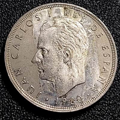 泉币菌-第68场-精品欢乐场-第1场 / 福利放送，感谢大家一直以来的支持。68-72场中，凡拍中15单及以上者，非偏远地区购买者，其所购所有商品满30包邮。       （特别说明：偏远地区包邮条件除满足购满15单及以上外，内蒙古、青海、西藏、宁夏需要满48包邮，新疆、西藏需要满68包邮。） 西班牙1980年5比塞塔 镍币 第12届世界杯 纪念币 卡洛斯一世 23mm 