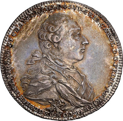 万国钱币拍卖第050期（万国五十期纪念大拍） - NGC MS62 1785年德国霍亨洛厄-诺伊恩施泰因-厄林根亲王国弗里德里希双狮护盾纹章大泰勒 霍亨洛厄贵族血统延续至今 是欧洲最长寿的贵族血统之一 其与霍亨斯陶芬家族有血缘关系 包浆浓郁醇厚 酒红与香槟色包浆均匀覆盖  NGC亚军分 绝对不可多得的顶级小邦泰勒藏品