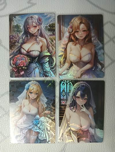 花开卡拍第33期（8月3号周日截拍，品控勿拍!!!拍品不寄存，运费5元，自制卡难免瑕疵，可能存在轻微撞角爆边等出厂瑕疵，品控介意勿拍！） - 鸡腿卡牌 单卡婚纱系列4张 磨砂彩闪 1张卡背是艺术版