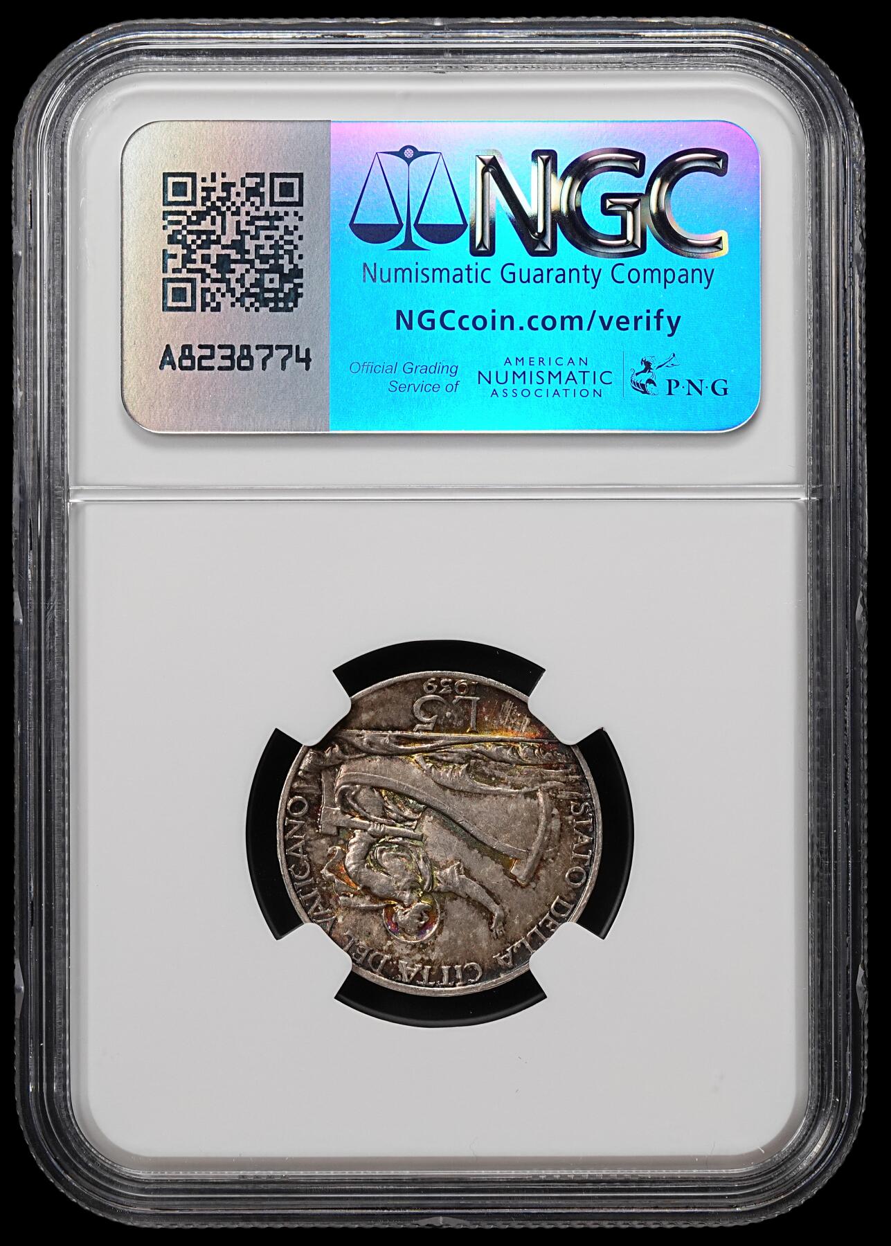 修遠堂世界钱币第七十九期 NGC MS62 1939年梵蒂冈5里拉银币 五彩