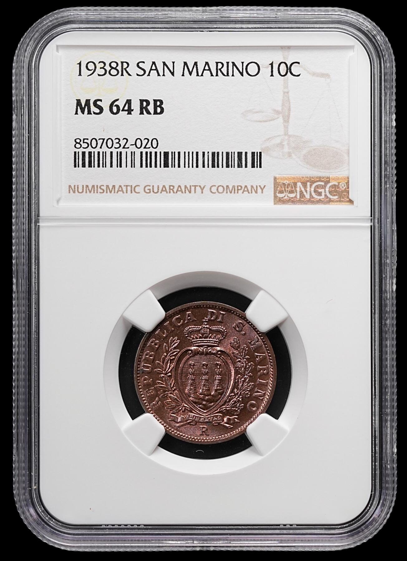 修遠堂世界钱币第七十九期 NGC MS64RB 1938年圣马力诺10分铜币