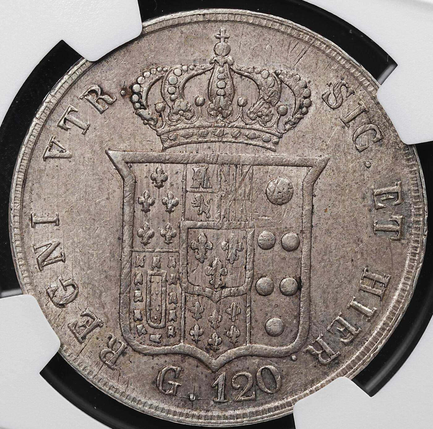 修遠堂世界钱币第七十九期 NGC AU53 1857年那不勒斯与西西里王国120G银币
