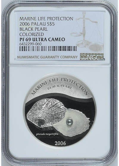 第168期拍卖【长期征集拍品】 - 帕劳2006年镶嵌珍珠纪念银币NGC-PF69,999银，25克，发行2500枚，编号:6432299-060