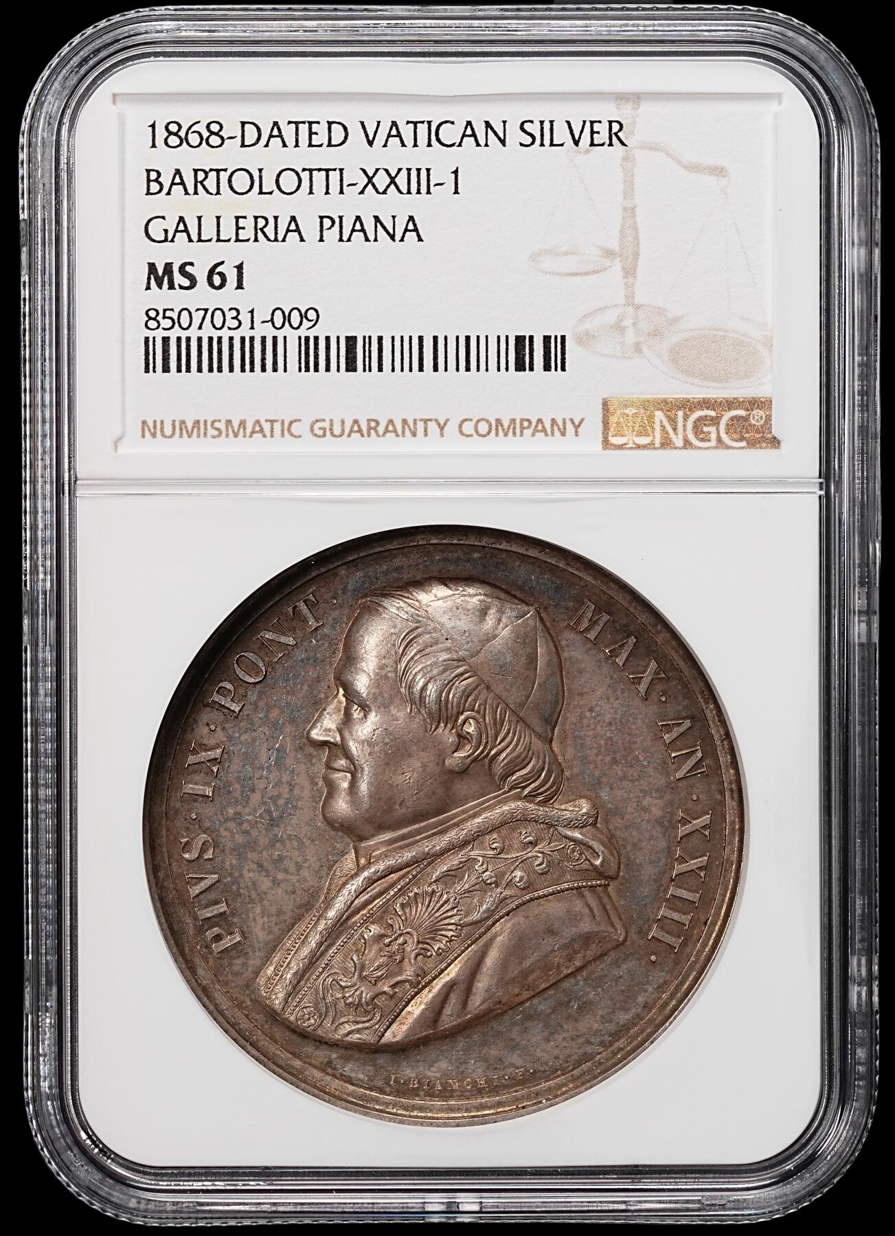 修遠堂世界钱币第七十九期 NGC MS61 1868年梵蒂冈高浮雕大银章