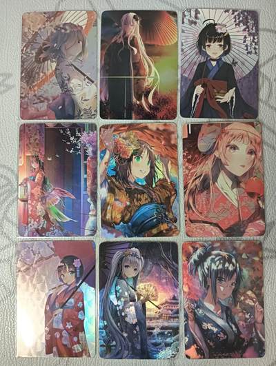 花开卡拍第33期（8月3号周日截拍，品控勿拍!!!拍品不寄存，运费5元，自制卡难免瑕疵，可能存在轻微撞角爆边等出厂瑕疵，品控介意勿拍！） - 嘎嘎鸭卡牌 和服一套9张 折光彩闪 很早期的卡牌