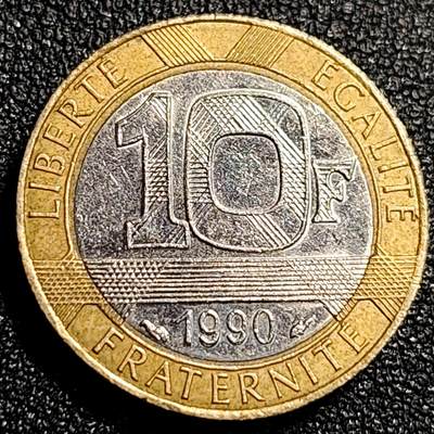 泉币菌-第69场-精品欢乐场-第2场 / 福利放送，感谢大家一直以来的支持。68-72场中，凡拍中15单及以上者，非偏远地区购买者，其所购所有商品满30包邮。       （特别说明：偏远地区包邮条件除满足购满15单及以上外，内蒙古、青海、西藏、宁夏需要满48包邮，新疆、西藏需要满68包邮。） 1990年 法国10法郎双色币 天使 小飞人 自由保护神 23mm 入欧前末版币 绝版币