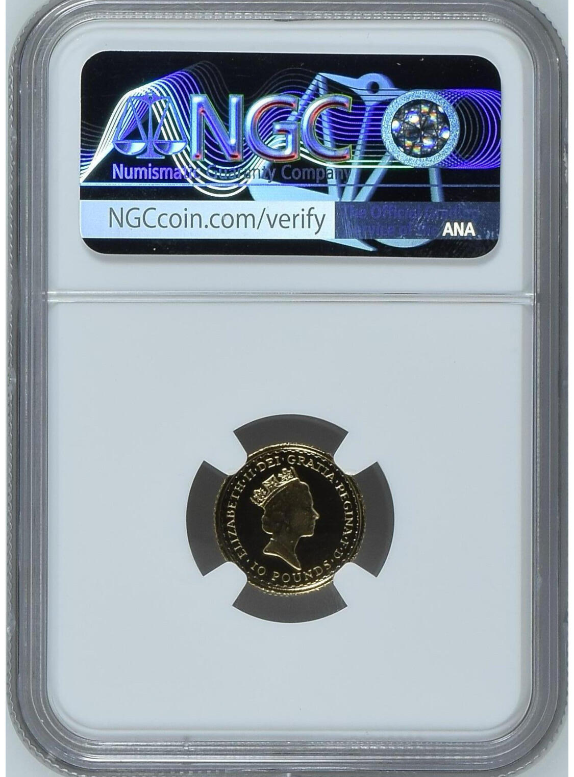 第168期拍卖【长期征集拍品】 英国1987年女神10镑纪念金币NGC-PF69,3.39克，含金量91.7%，编号6432299-047 ，材料价2365元