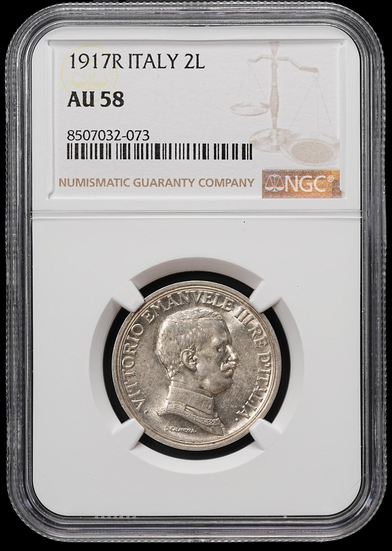 修遠堂世界钱币第七十九期 NGC AU58 1917年意大利马车2里拉银币 较少见年份