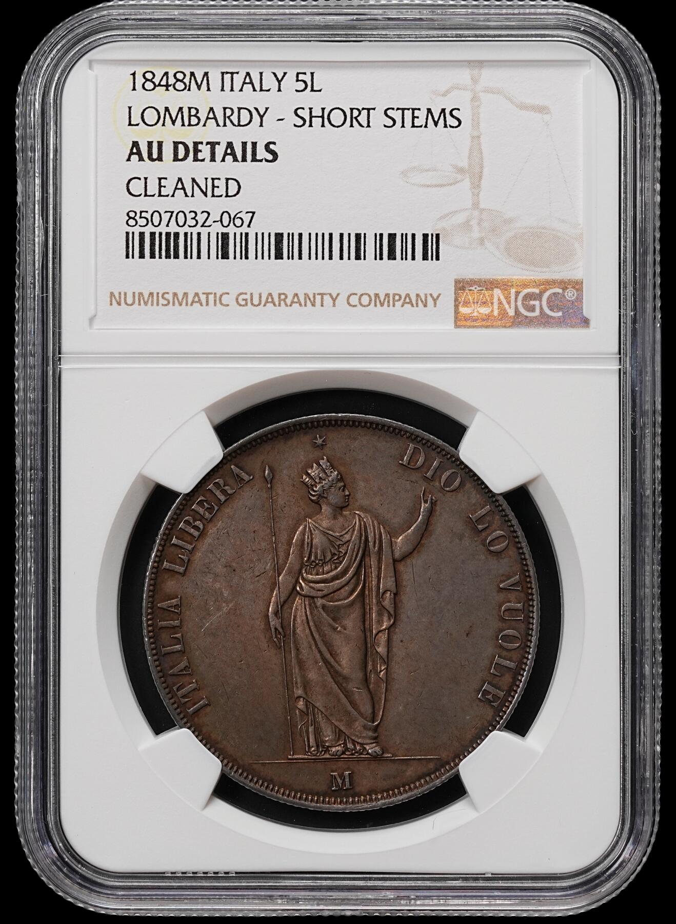 修遠堂世界钱币第七十九期 NGC-AUD 1848伦巴第革命临时政府5里拉大银币 老包浆 错杀没分