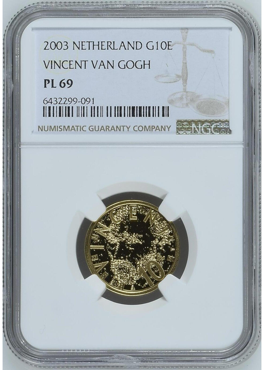 第168期拍卖【长期征集拍品】 荷兰2003年梵高纪念金币NGC-PL69,，编号6432299-091 ， 6.72克，含金量90%，材料价4600元左右