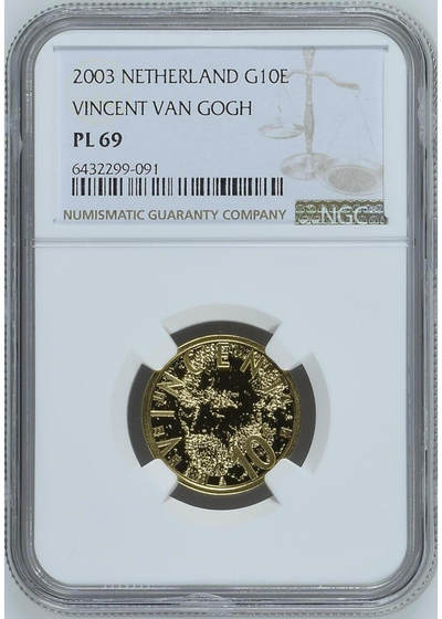 第168期拍卖【长期征集拍品】 - 荷兰2003年梵高纪念金币NGC-PL69,，编号6432299-091 ， 6.72克，含金量90%，材料价4600元左右