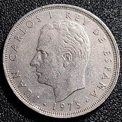 泉币菌-第69场-精品欢乐场-第2场 / 福利放送，感谢大家一直以来的支持。68-72场中，凡拍中15单及以上者，非偏远地区购买者，其所购所有商品满30包邮。       （特别说明：偏远地区包邮条件除满足购满15单及以上外，内蒙古、青海、西藏、宁夏需要满48包邮，新疆、西藏需要满68包邮。） 西班牙1975年25比萨塔 卡洛斯一世 铜镍币 26.5mm 