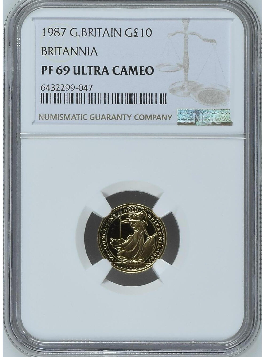 第168期拍卖【长期征集拍品】 英国1987年女神10镑纪念金币NGC-PF69,3.39克，含金量91.7%，编号6432299-047 ，材料价2365元