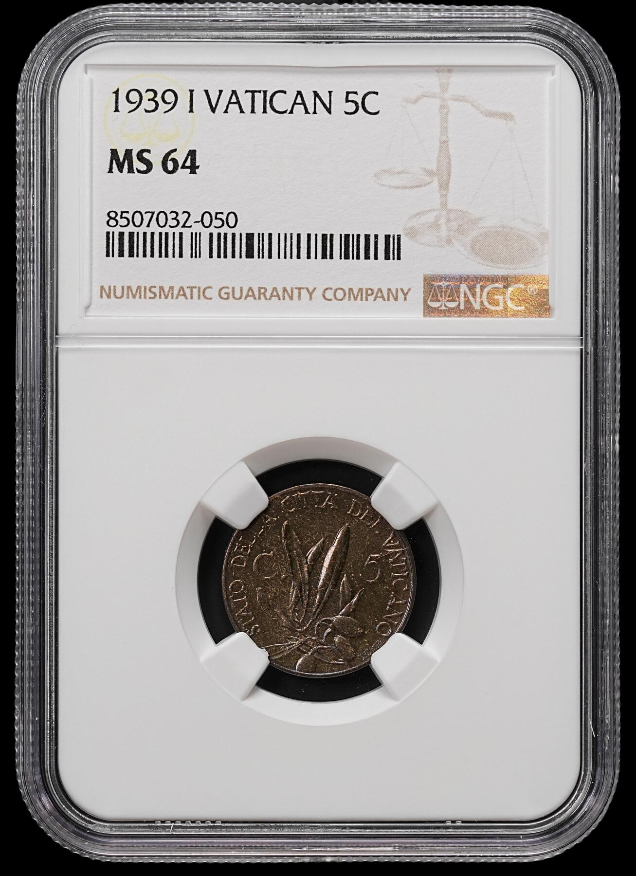 修遠堂世界钱币第七十九期 NGC MS64 1939年梵蒂冈5分铜币