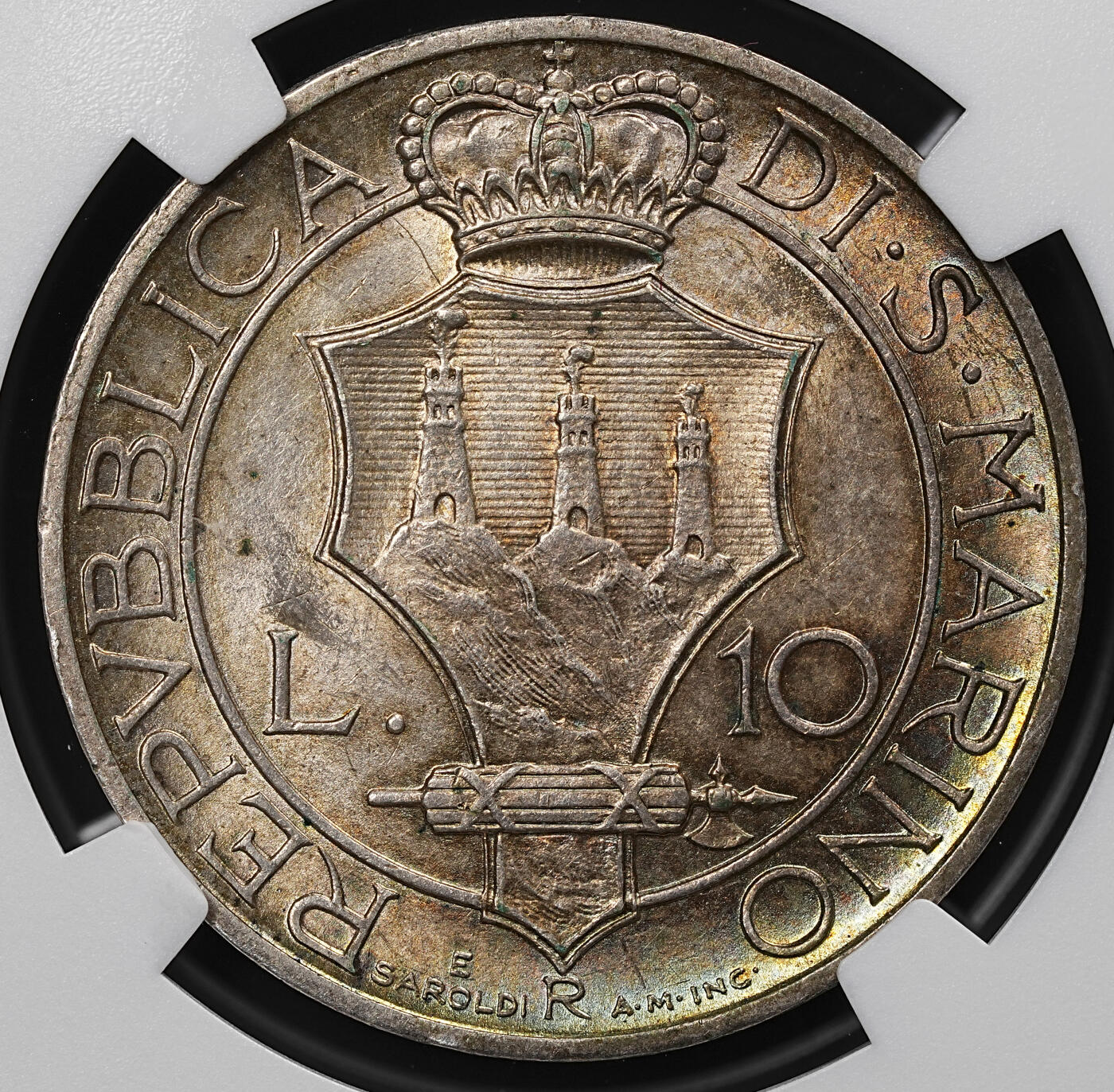 修遠堂世界钱币第七十九期 NGC MS63 1935年圣马力诺10里拉银币 