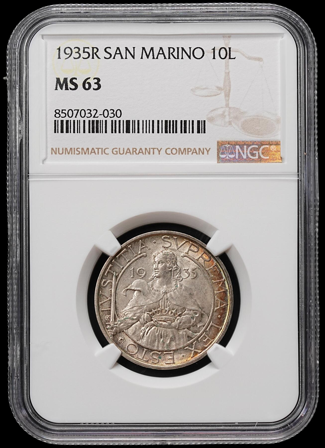 修遠堂世界钱币第七十九期 NGC MS63 1935年圣马力诺10里拉银币 