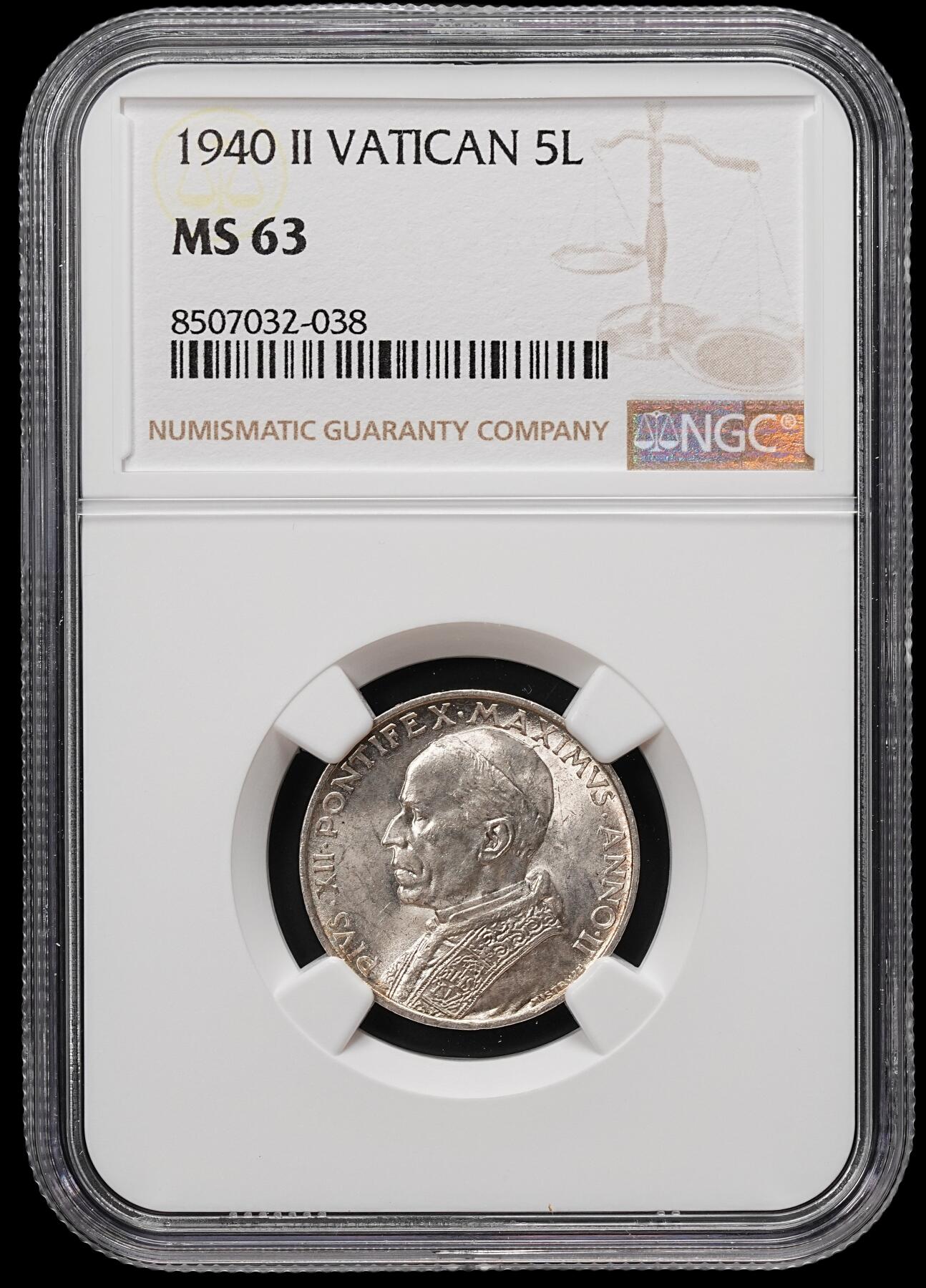 修遠堂世界钱币第七十九期 NGC MS63 1940年梵蒂冈5里拉银币 