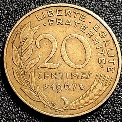 泉币菌-第68场-精品欢乐场-第1场 / 福利放送，感谢大家一直以来的支持。68-72场中，凡拍中15单及以上者，非偏远地区购买者，其所购所有商品满30包邮。       （特别说明：偏远地区包邮条件除满足购满15单及以上外，内蒙古、青海、西藏、宁夏需要满48包邮，新疆、西藏需要满68包邮。） 法国1967年20生丁铜币 玛丽安娜 入欧前末版 绝版