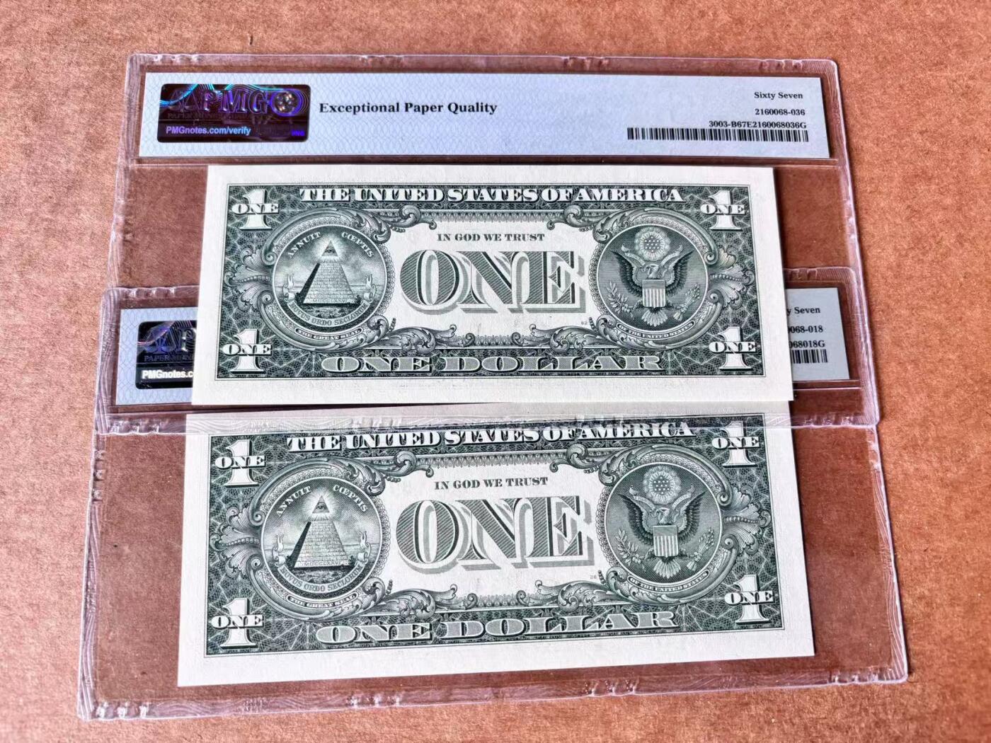 【Blue Auction】世界纸币精拍第704期——18级TOP拍卖/信誉/品质/专业/高效💫 【一组2张222豹子号】美国 2017年1美金 PMG67EPQ 高分