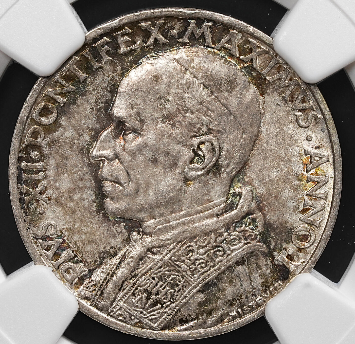 修遠堂世界钱币第七十九期 NGC MS62 1939年梵蒂冈5里拉银币 五彩