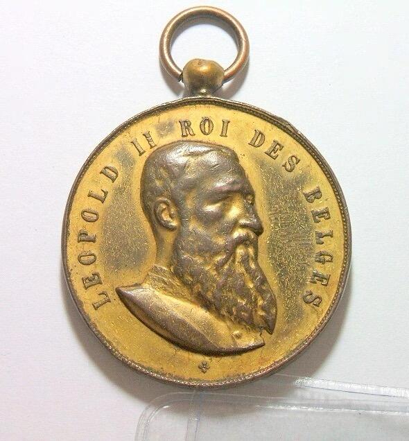 比利时1909年 利奥波德二世高浮雕精制大镀金章 40MM