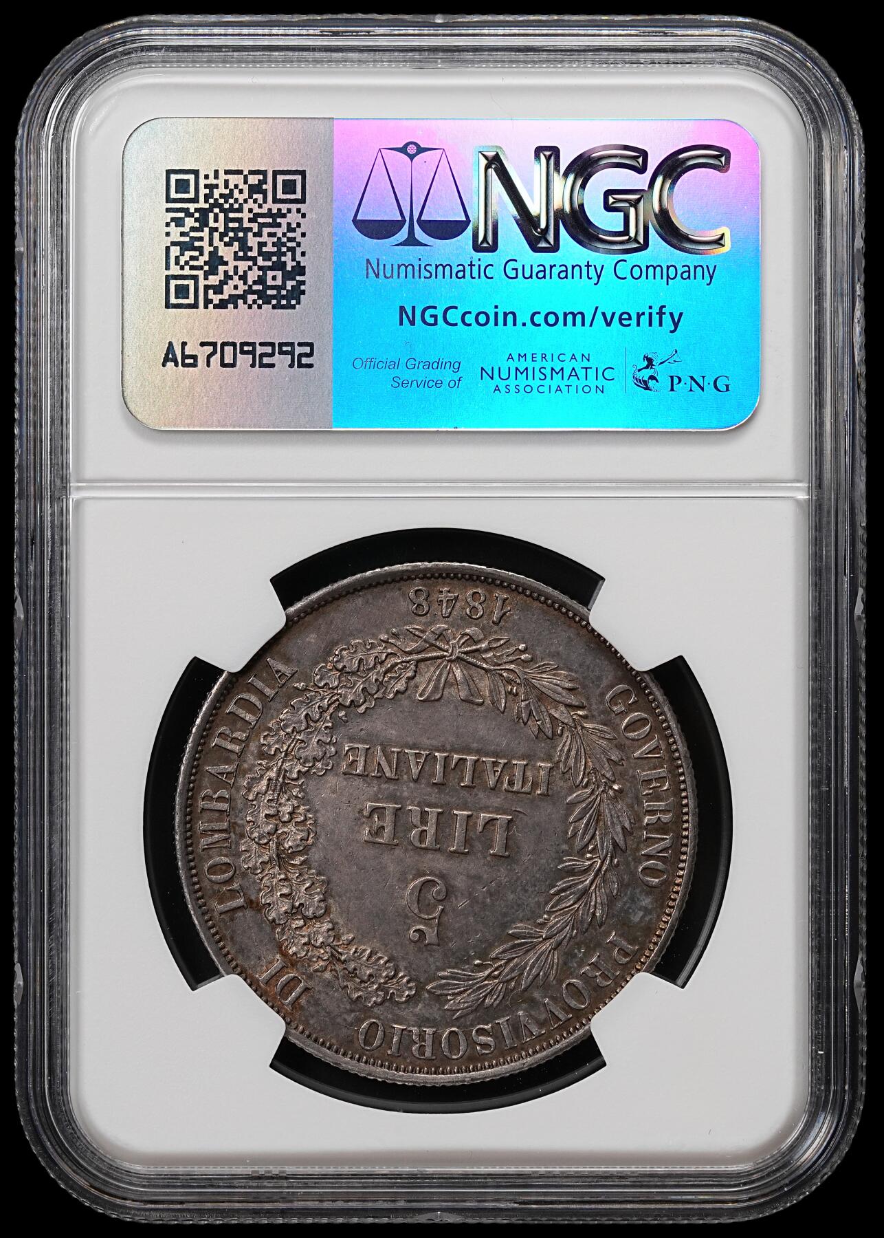 修遠堂世界钱币第七十九期 NGC-AUD 1848伦巴第革命临时政府5里拉大银币 老包浆 错杀没分