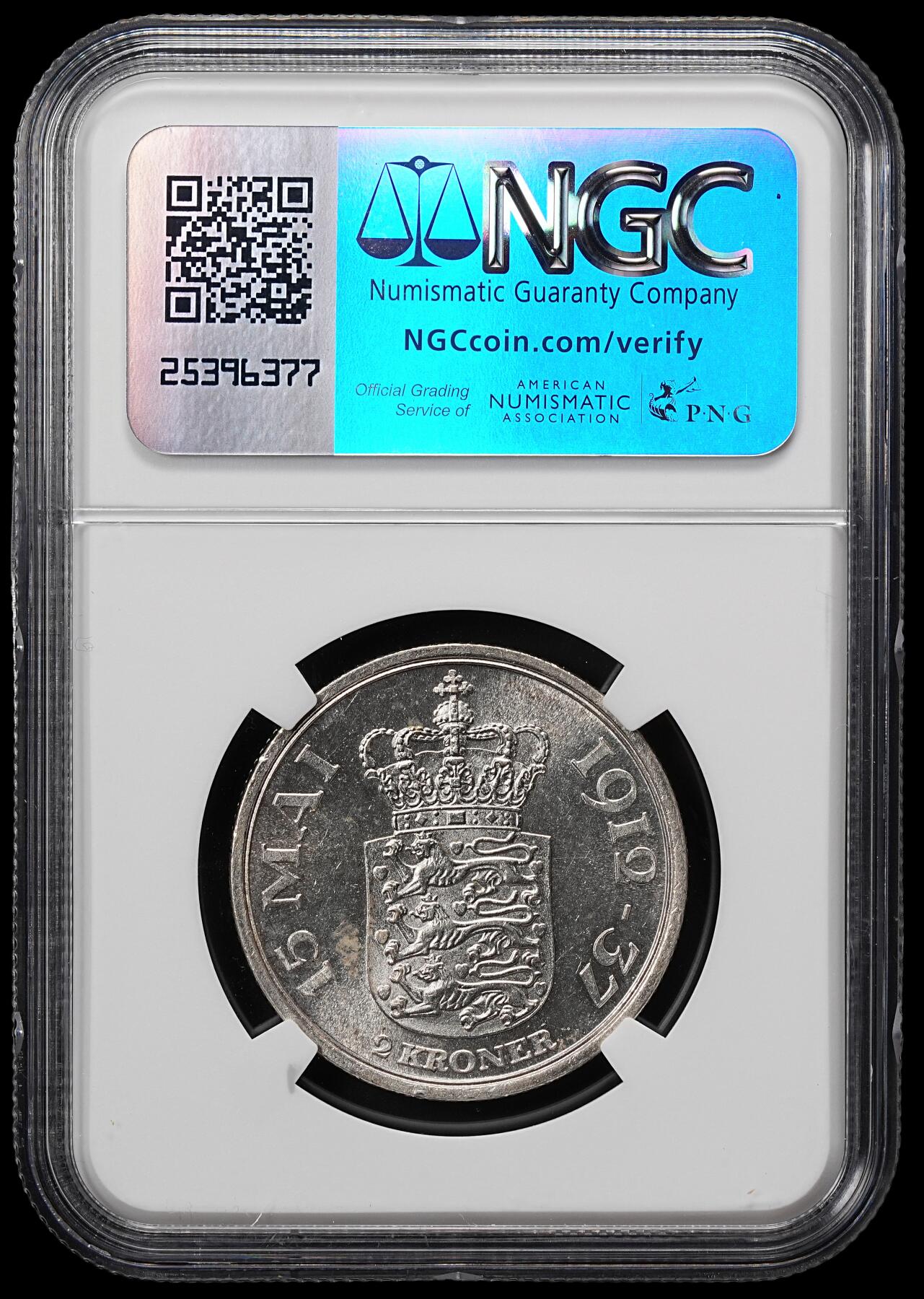 修遠堂世界钱币第七十九期 NGC MS63 1937年丹麦国王登基25周年纪念2克朗银币
