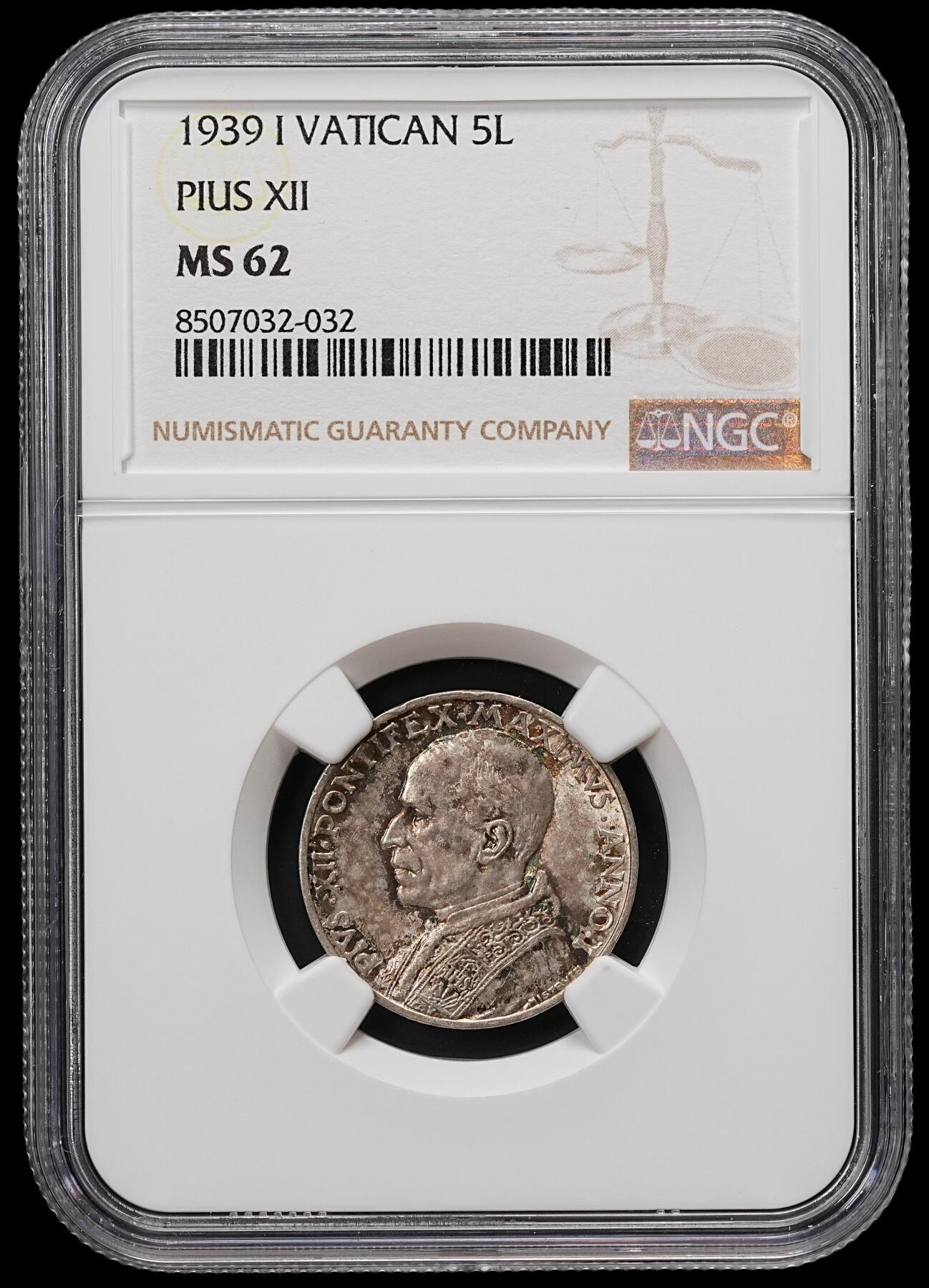 修遠堂世界钱币第七十九期 NGC MS62 1939年梵蒂冈5里拉银币 五彩