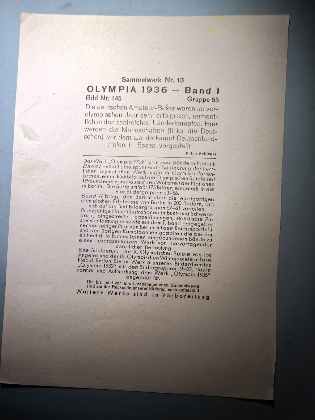 盛世勋华——号角文化勋章邮票专场拍卖第273期 德国（1939）1936年柏林奥运会大尺寸宣传照片 德国业余拳击手在前一年的奥运会上极为成功，在众多国际赛事中表现尤为出色。在德国与波兰的团体赛（左侧为德国队）前，这些队伍在埃森亮相