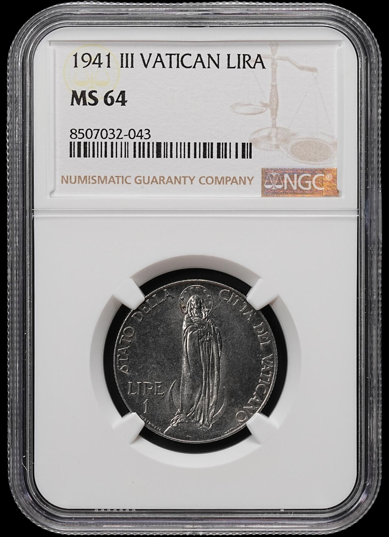修遠堂世界钱币第七十九期 NGC MS64 1941年梵蒂冈1里拉