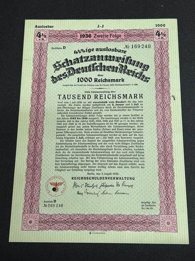 西秦中古拍卖第五十三期 - 1936年德国德三1000马克国库券 有水印