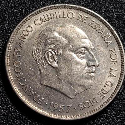 泉币菌-第68场-精品欢乐场-第1场 / 福利放送，感谢大家一直以来的支持。68-72场中，凡拍中15单及以上者，非偏远地区购买者，其所购所有商品满30包邮。       （特别说明：偏远地区包邮条件除满足购满15单及以上外，内蒙古、青海、西藏、宁夏需要满48包邮，新疆、西藏需要满68包邮。） 原光UNC 极美 西班牙1957年25比塞塔镍币 独裁者 弗朗哥 26.5mm