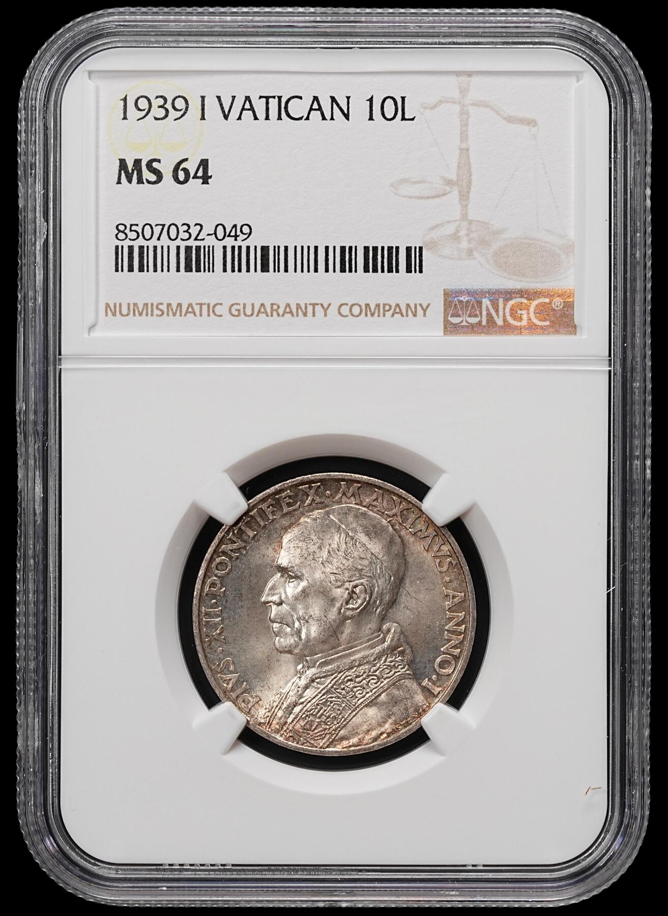 修遠堂世界钱币第七十九期 NGC MS64 1939年梵蒂冈10里拉银币 