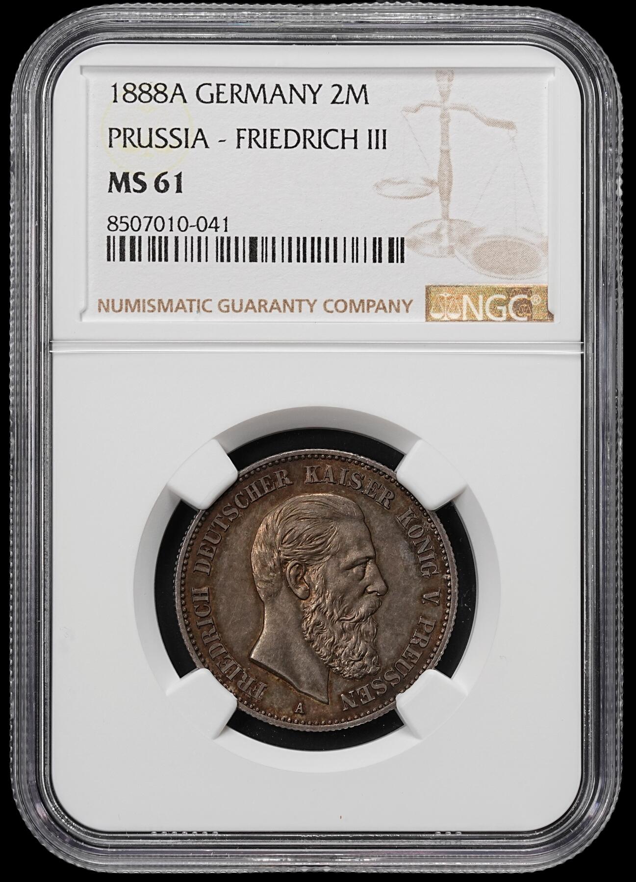 修遠堂世界钱币第七十九期 NGC MS61 1888年普鲁士2马克银币 腓特烈三世