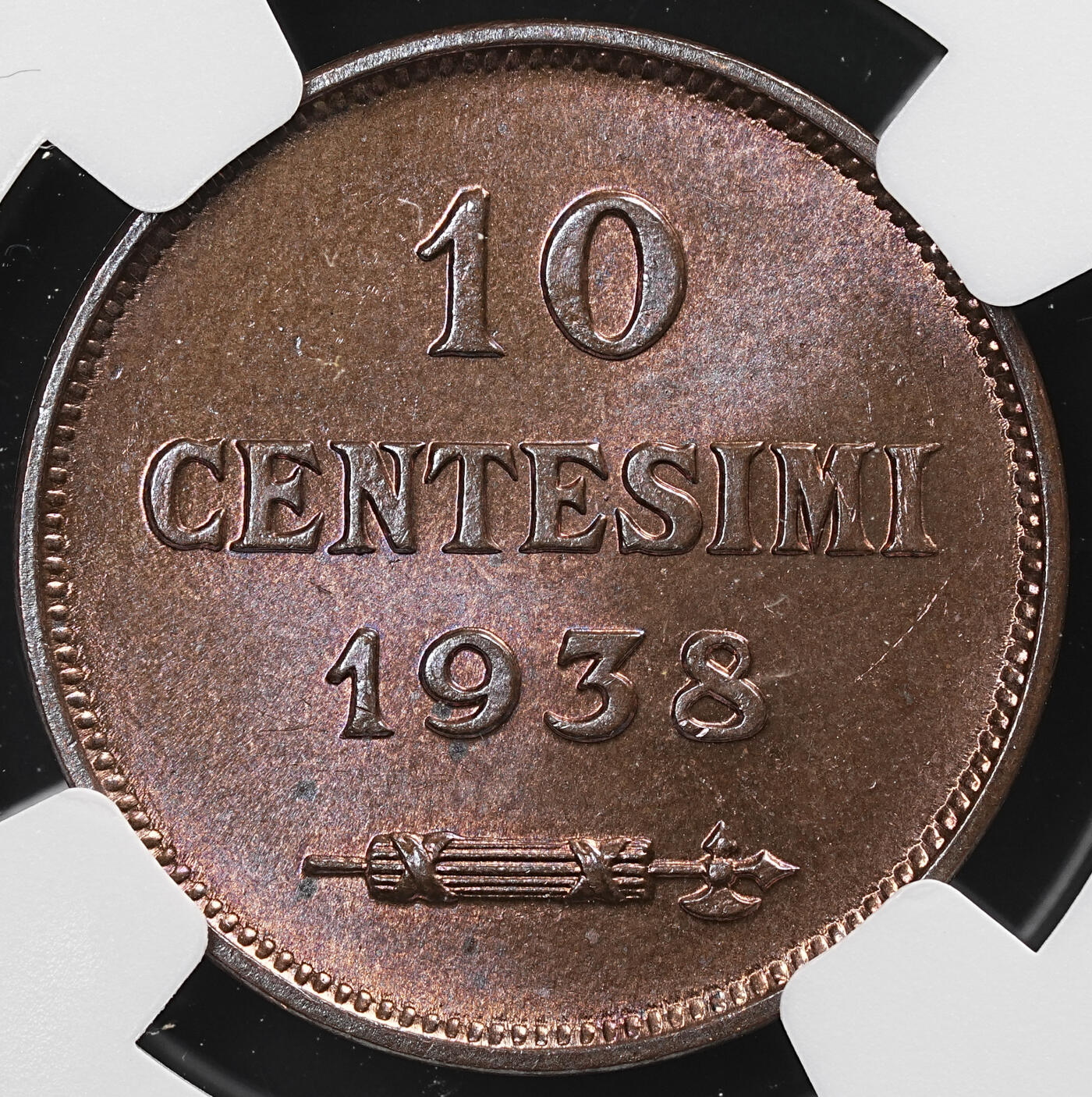 修遠堂世界钱币第七十九期 NGC MS64RB 1938年圣马力诺10分铜币