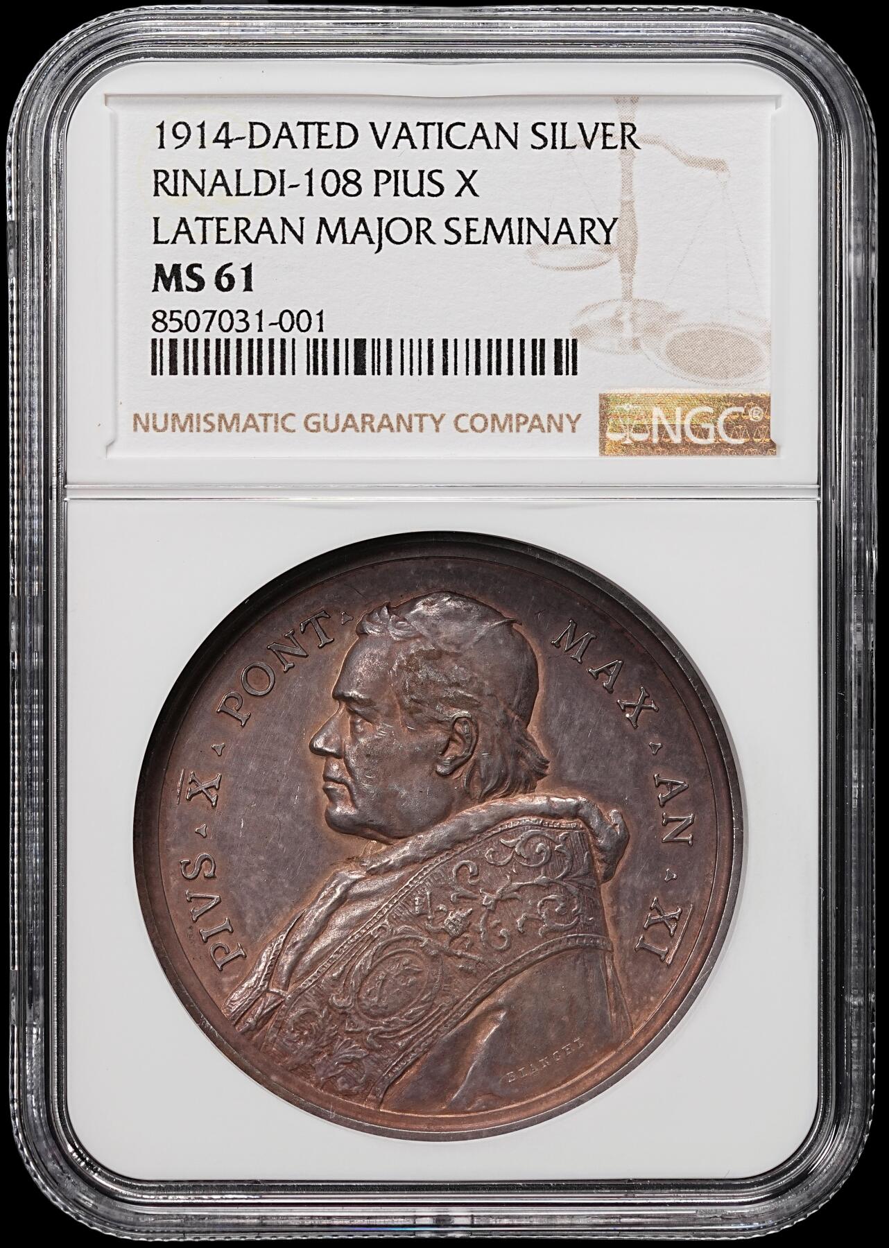 修遠堂世界钱币第七十九期 NGC MS61 1914年梵蒂冈高浮雕大银章