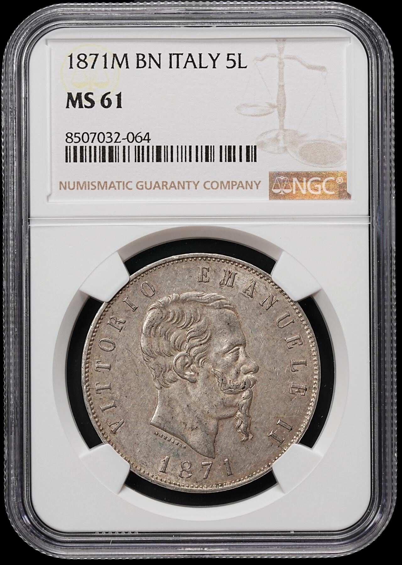 修遠堂世界钱币第七十九期 NGC MS61 1871年意大利5里拉大银币