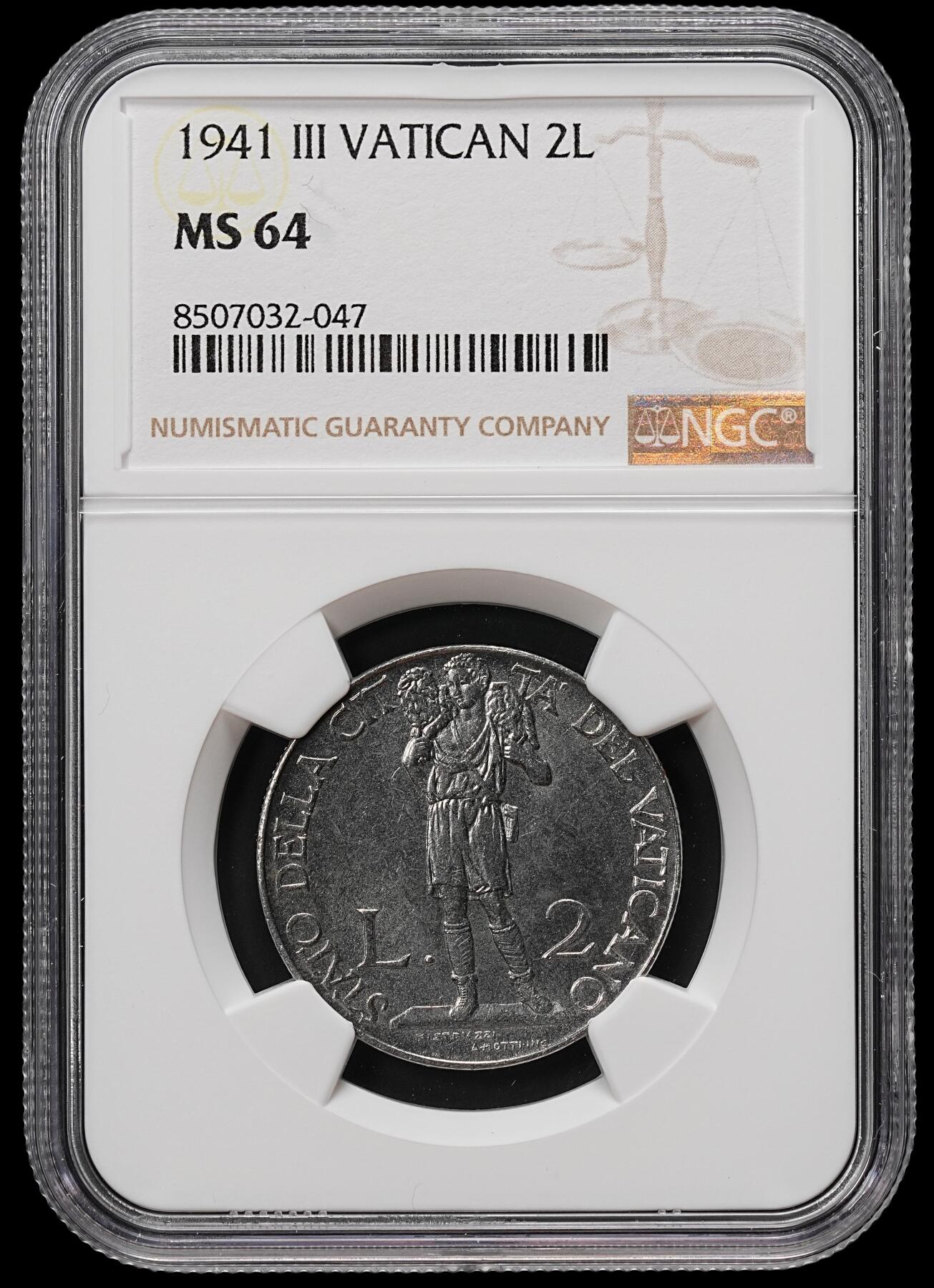 修遠堂世界钱币第七十九期 NGC MS64 1941年梵蒂冈2里拉