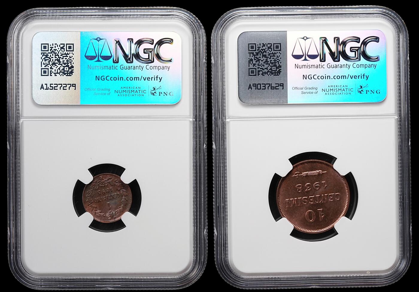 修遠堂世界钱币第七十九期 NGC评级 意大利，圣马力诺铜币各一枚