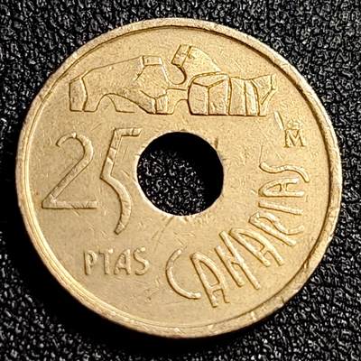 泉币菌-第70场-精品欢乐场-第3场 / 福利放送，感谢大家一直以来的支持。68-72场中，凡拍中15单及以上者，非偏远地区购买者，其所购所有商品满30包邮。       （特别说明：偏远地区包邮条件除满足购满15单及以上外，内蒙古、青海、西藏、宁夏需要满48包邮，新疆、西藏需要满68包邮。） - 西班牙1994年25比塞塔 加那利群岛 纪念币 铜铝镍币 19.5mm 