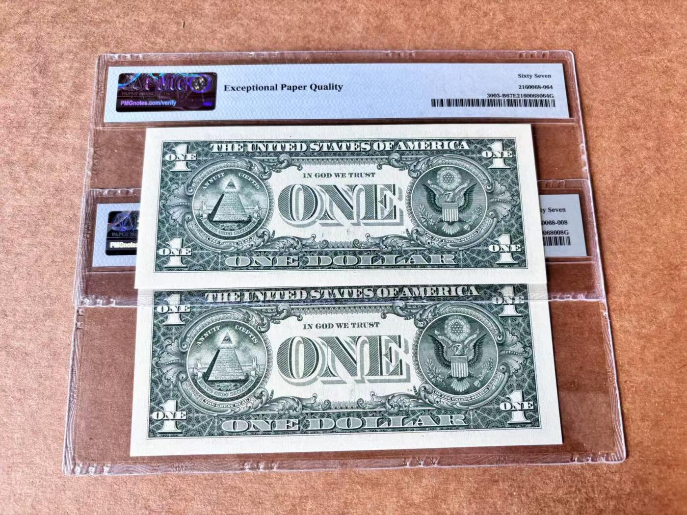 【Blue Auction】世界纸币精拍第704期——18级TOP拍卖/信誉/品质/专业/高效💫 【一组2张666和777豹子号】美国 2017年1美金 PMG67EPQ 高分