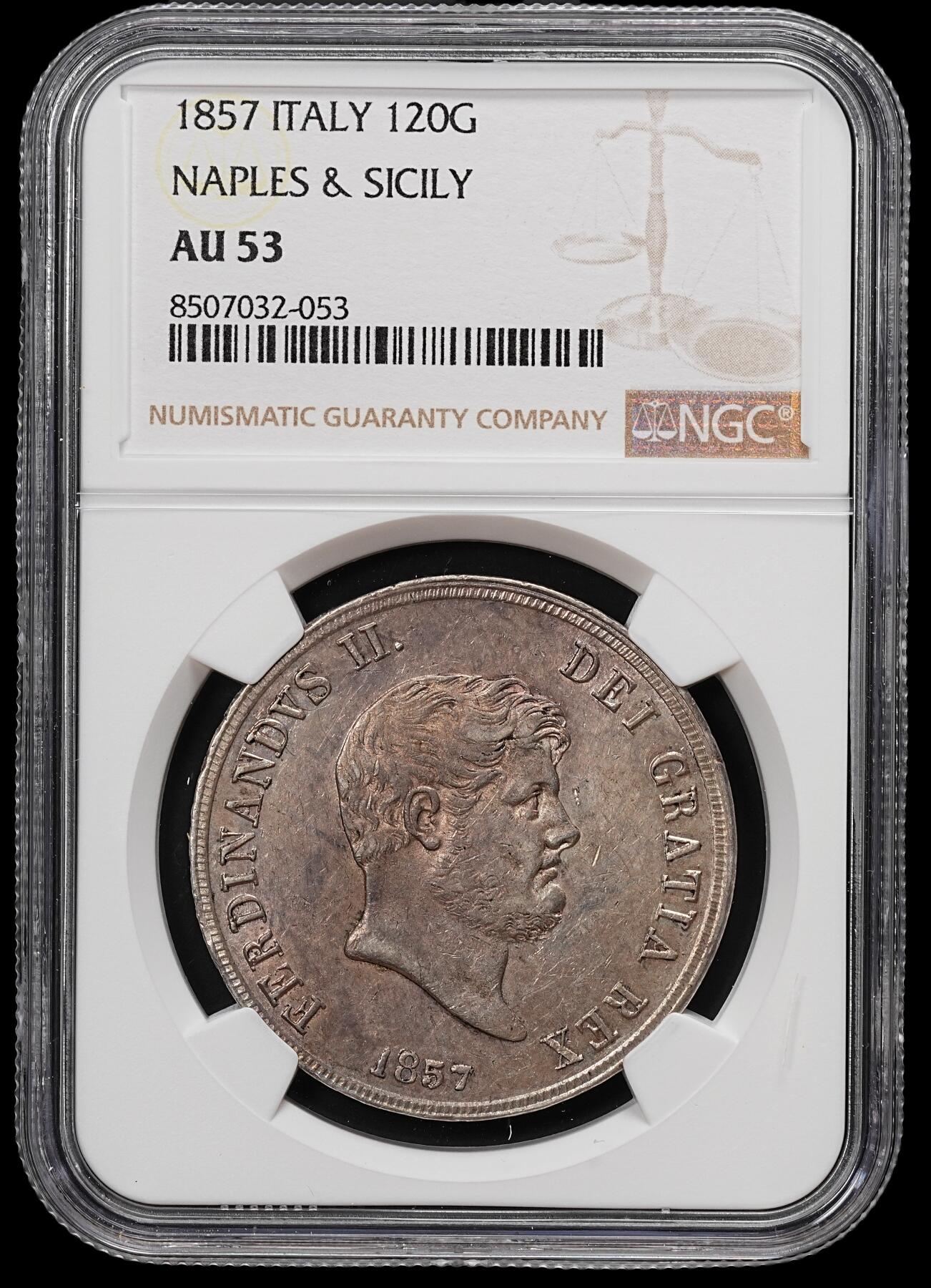 修遠堂世界钱币第七十九期 NGC AU53 1857年那不勒斯与西西里王国120G银币
