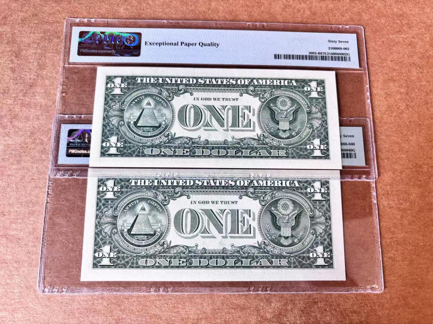 【Blue Auction】世界纸币精拍第704期——18级TOP拍卖/信誉/品质/专业/高效💫 【一组2张555豹子号】美国 2017年1美金 PMG67EPQ 高分