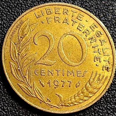 泉币菌-第72场-精品欢乐场-第5场 / 福利放送，感谢大家一直以来的支持。68-72场中，凡拍中15单及以上者，非偏远地区购买者，其所购所有商品满30包邮。       （特别说明：偏远地区包邮条件除满足购满15单及以上外，内蒙古、青海、西藏、宁夏需要满48包邮，新疆、西藏需要满68包邮。） - 美品 法国1977年20生丁铜币 玛丽安娜 入欧前末版 绝版